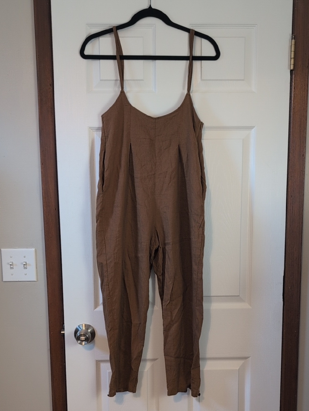 Grade & Gather Chocolate Linen Blend Brown Spaghetti Strap Jumpsuit-M